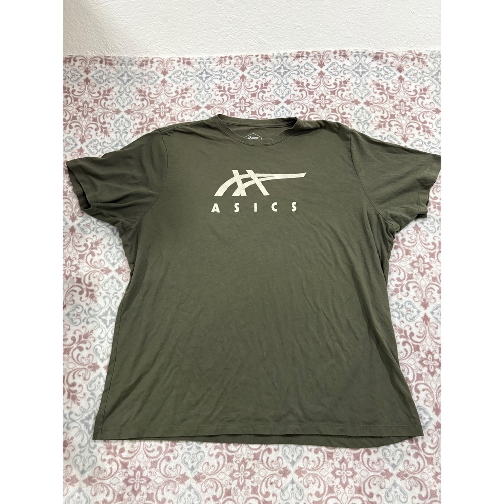 Asics Mens Graphic Logo T-Shirt Olive Green Short Sleeve Crew Neck Size 2XL